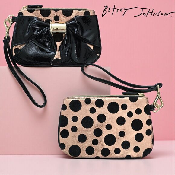 Betsey Johnson Handbags - Betsey Johnson Bow Nanza Wristlet Rose Gold Black Polka Dot NWOT